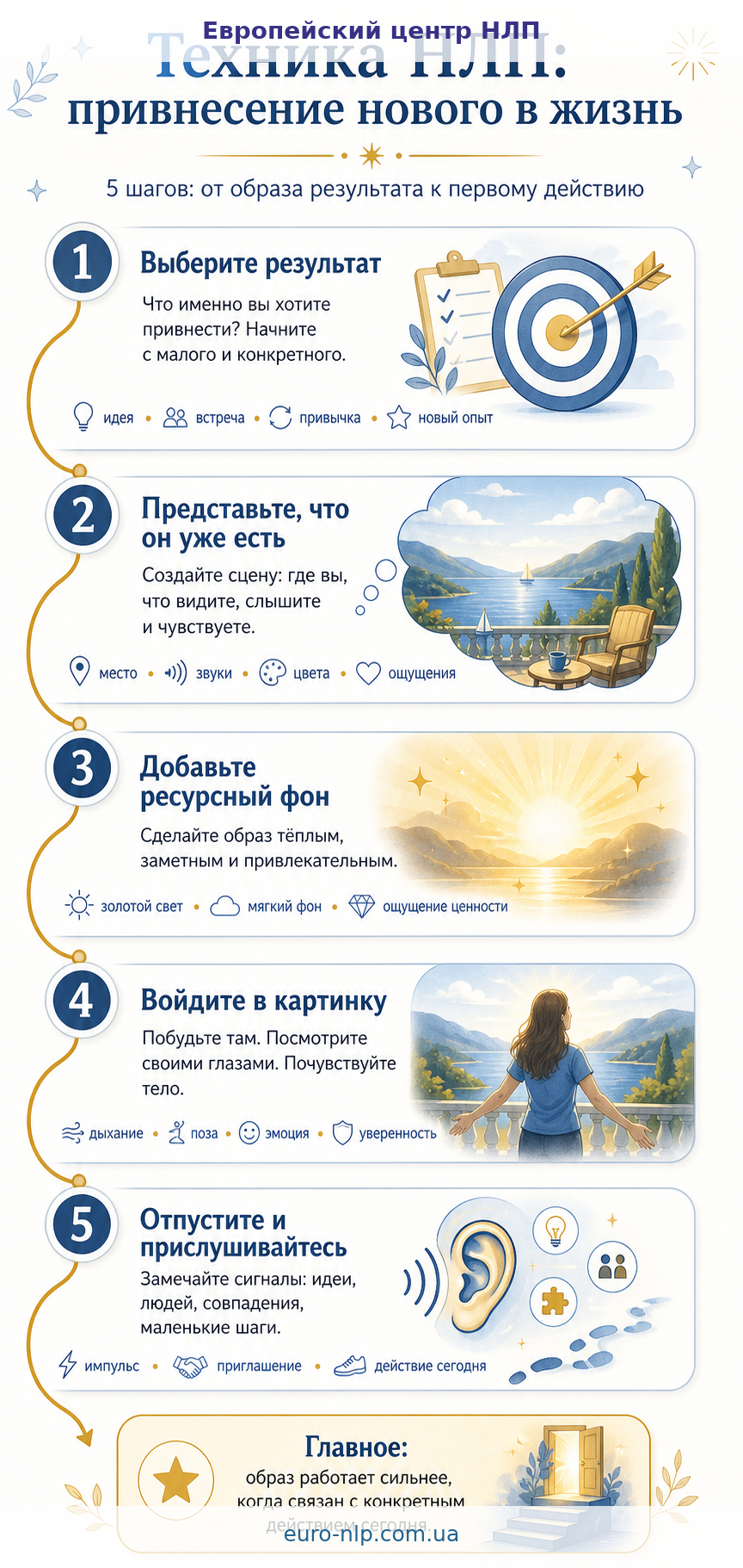 Инфографика: техника НЛП «Привнесение нового в жизнь» за 5 шагов